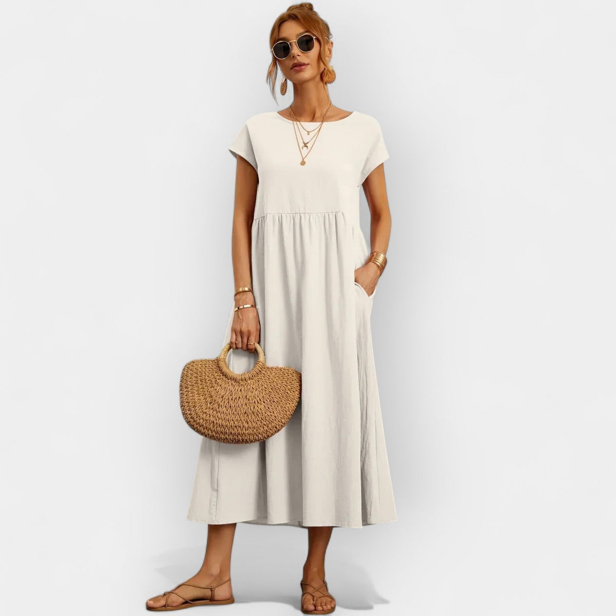 Damen Midi-Kleid Katharina – Baumwolle mit Taschen, Kurzarm