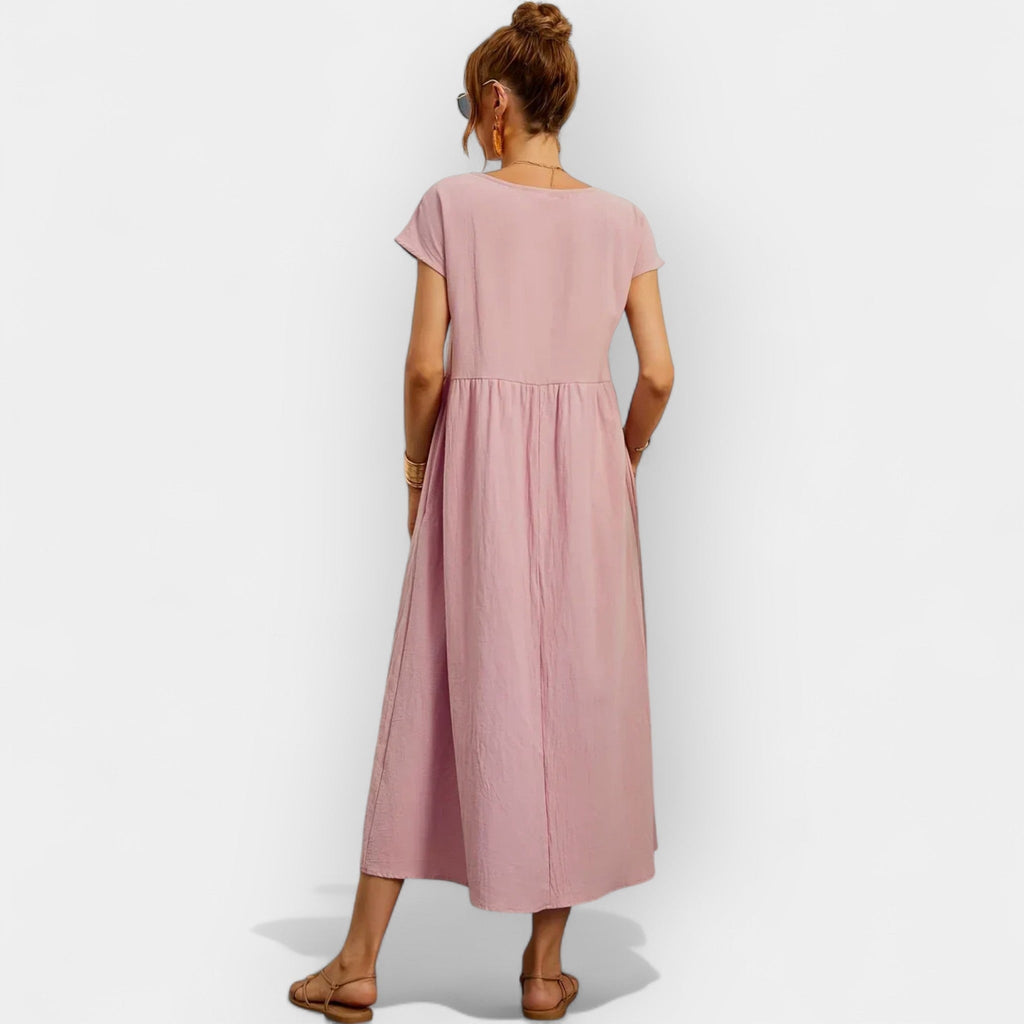 Damen Midi-Kleid Katharina – Baumwolle mit Taschen, Kurzarm