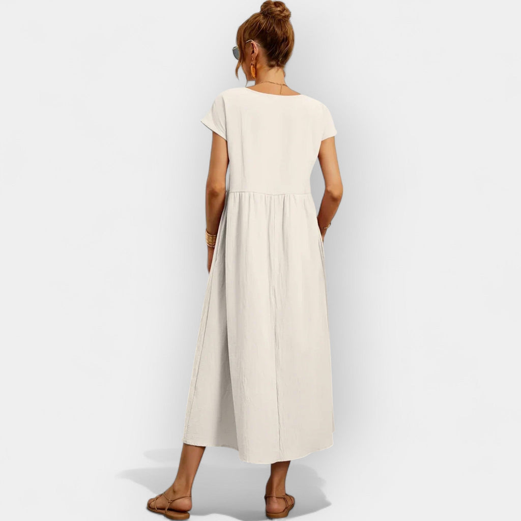Damen Midi-Kleid Katharina – Baumwolle mit Taschen, Kurzarm