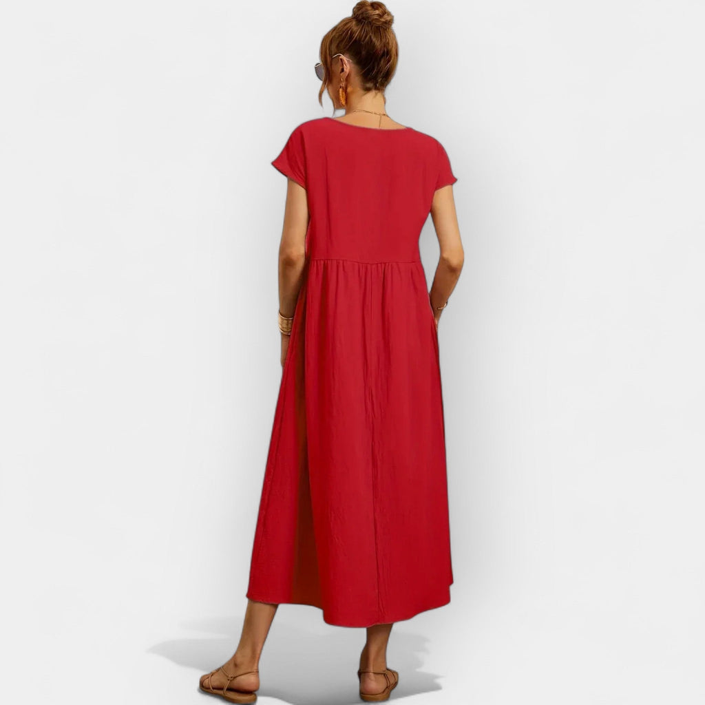 Damen Midi-Kleid Katharina – Baumwolle mit Taschen, Kurzarm