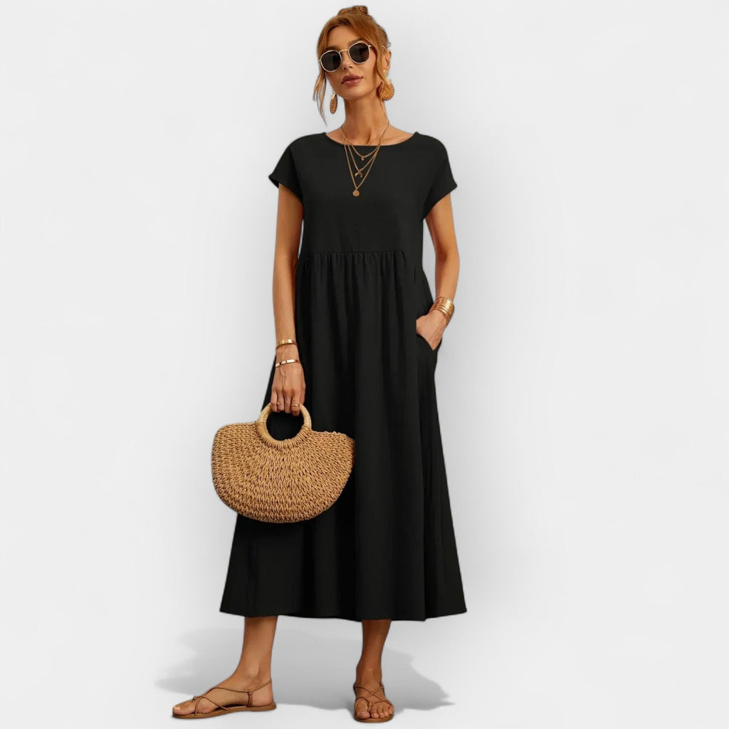 Damen Midi-Kleid Katharina – Baumwolle mit Taschen, Kurzarm