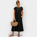 Damen Midi-Kleid Katharina – Baumwolle mit Taschen, Kurzarm