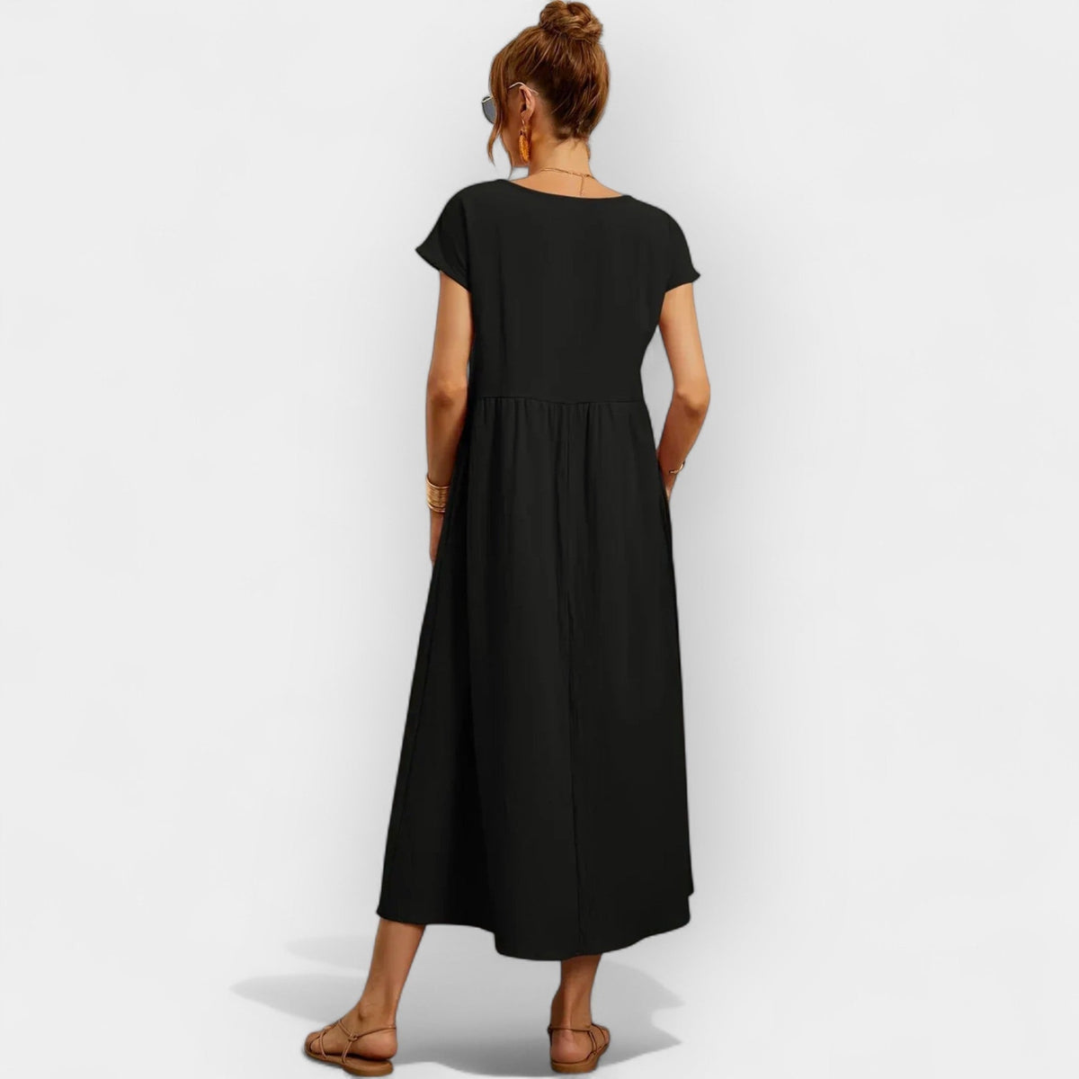 Damen Midi-Kleid Katharina – Baumwolle mit Taschen, Kurzarm