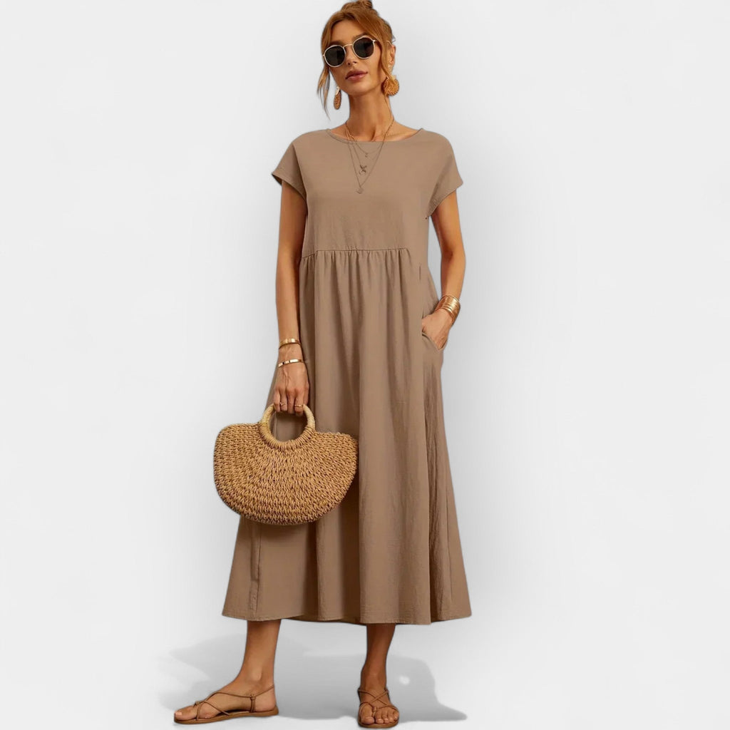 Damen Midi-Kleid Katharina – Baumwolle mit Taschen, Kurzarm