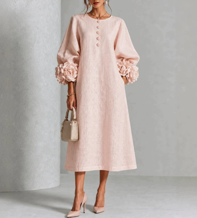 Vestido Midi para Mujer de Chambray Denim con Rosetas 3D