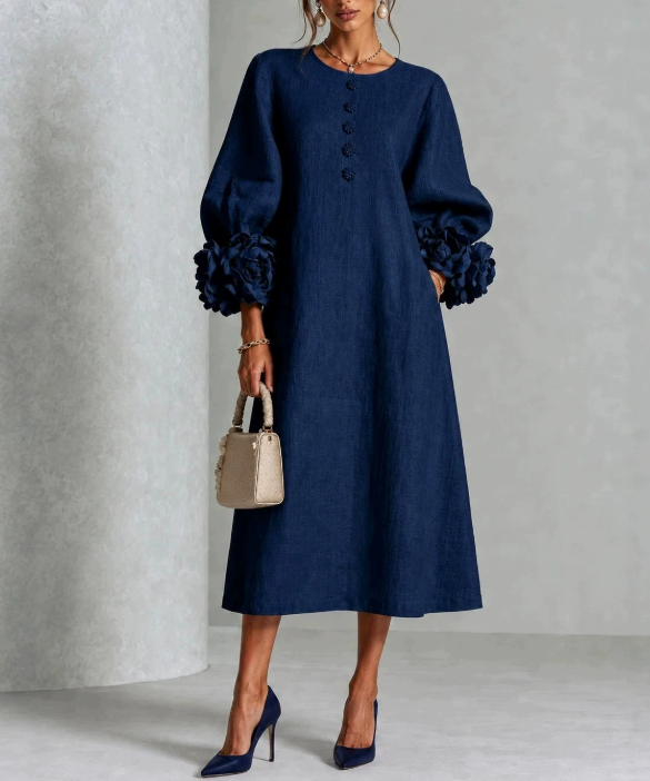 Vestido Midi para Mujer de Chambray Denim con Rosetas 3D