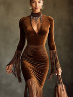 Damen Samtkleid Sofia – Rollkragen mit Fransen