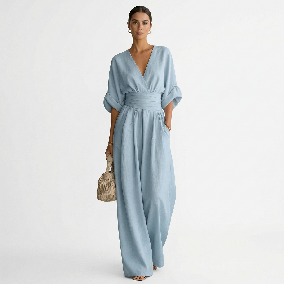 Damen Leinen Jumpsuit Emma – V-Ausschnitt, Gürtel, fließend