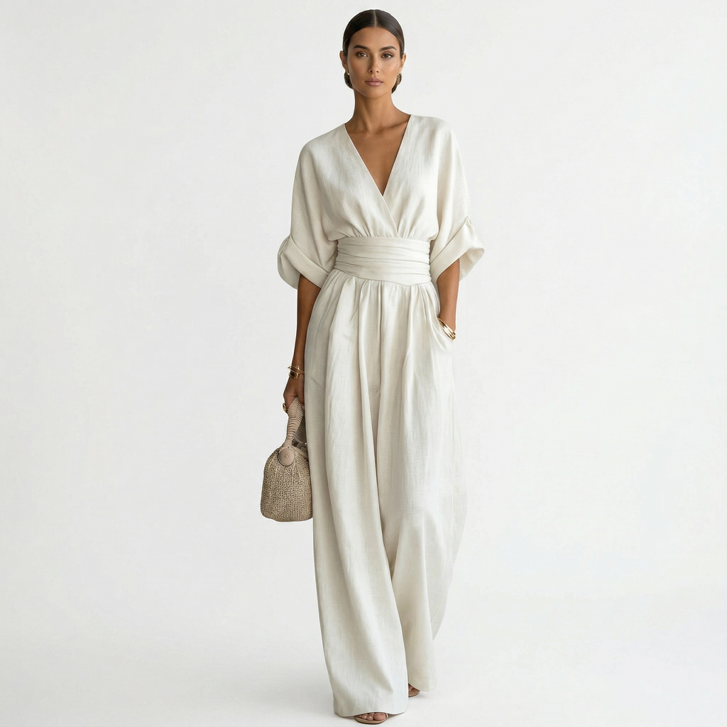 Damen Leinen Jumpsuit Emma – V-Ausschnitt, Gürtel, fließend