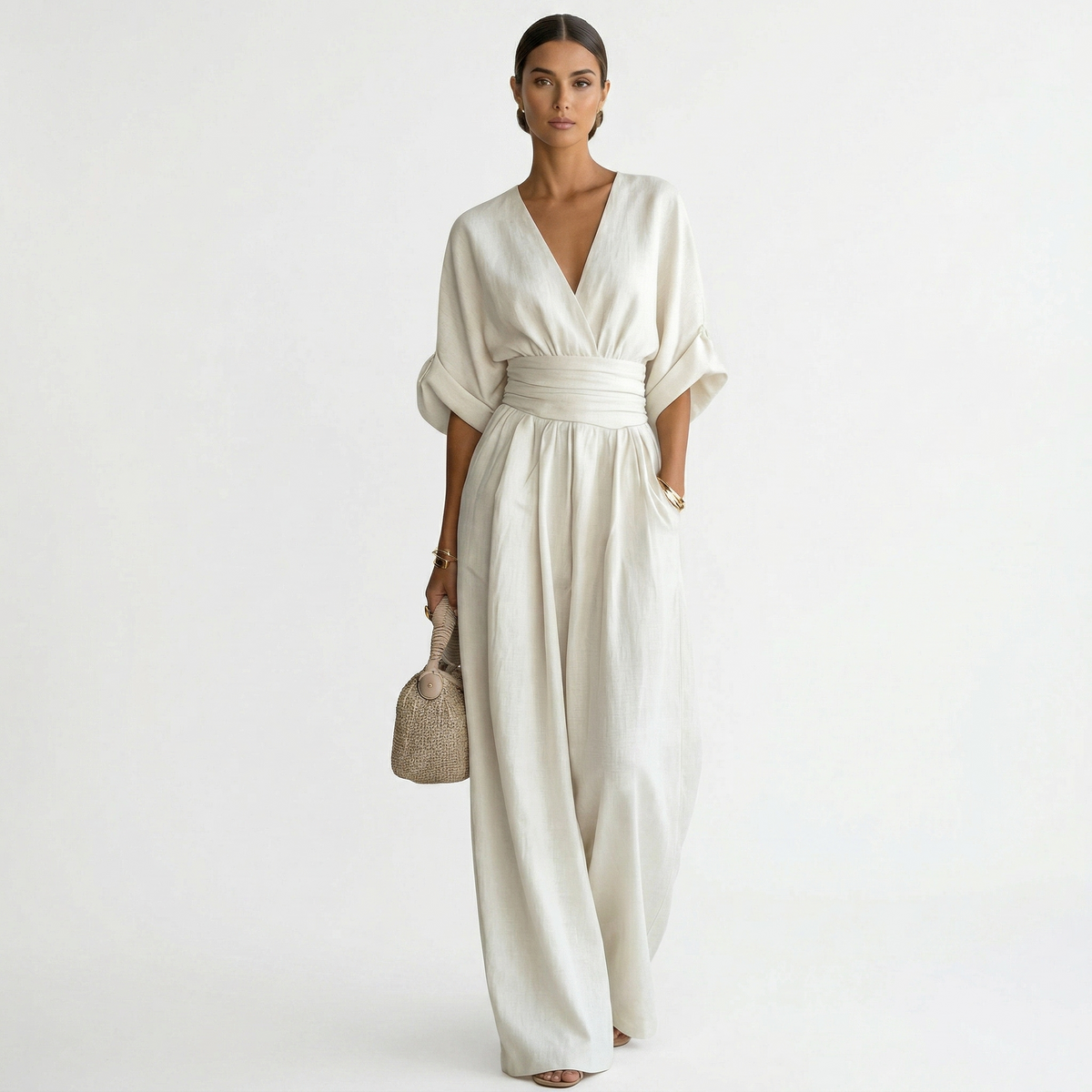 Damen Leinen Jumpsuit Emma – V-Ausschnitt, Gürtel, fließend
