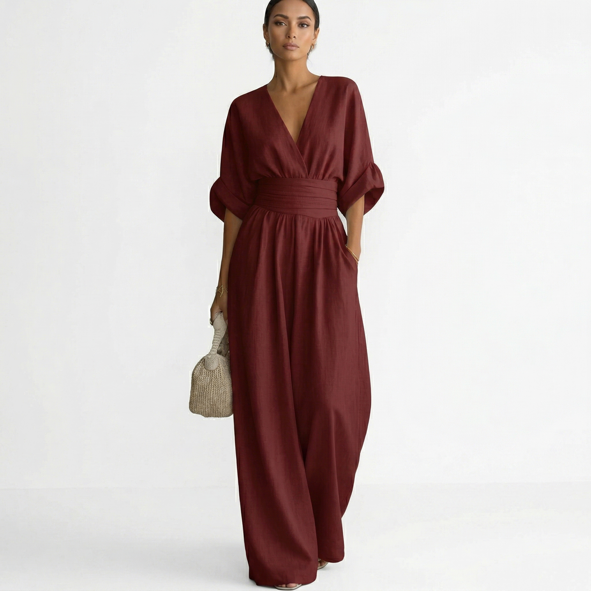 Damen Leinen Jumpsuit Emma – V-Ausschnitt, Gürtel, fließend