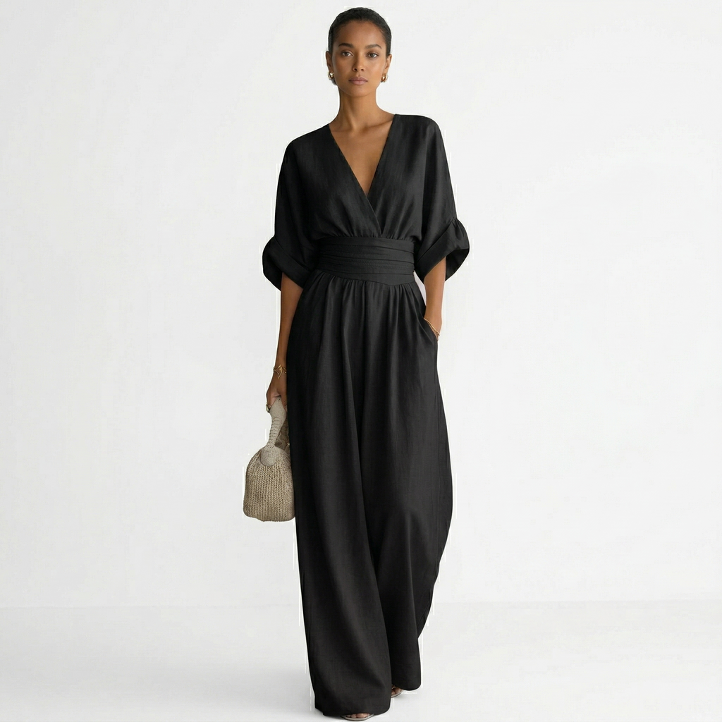 Damen Leinen Jumpsuit Emma – V-Ausschnitt, Gürtel, fließend