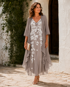 Damen Kleidset Lena – Blütenbesticktes Kleid mit Duster