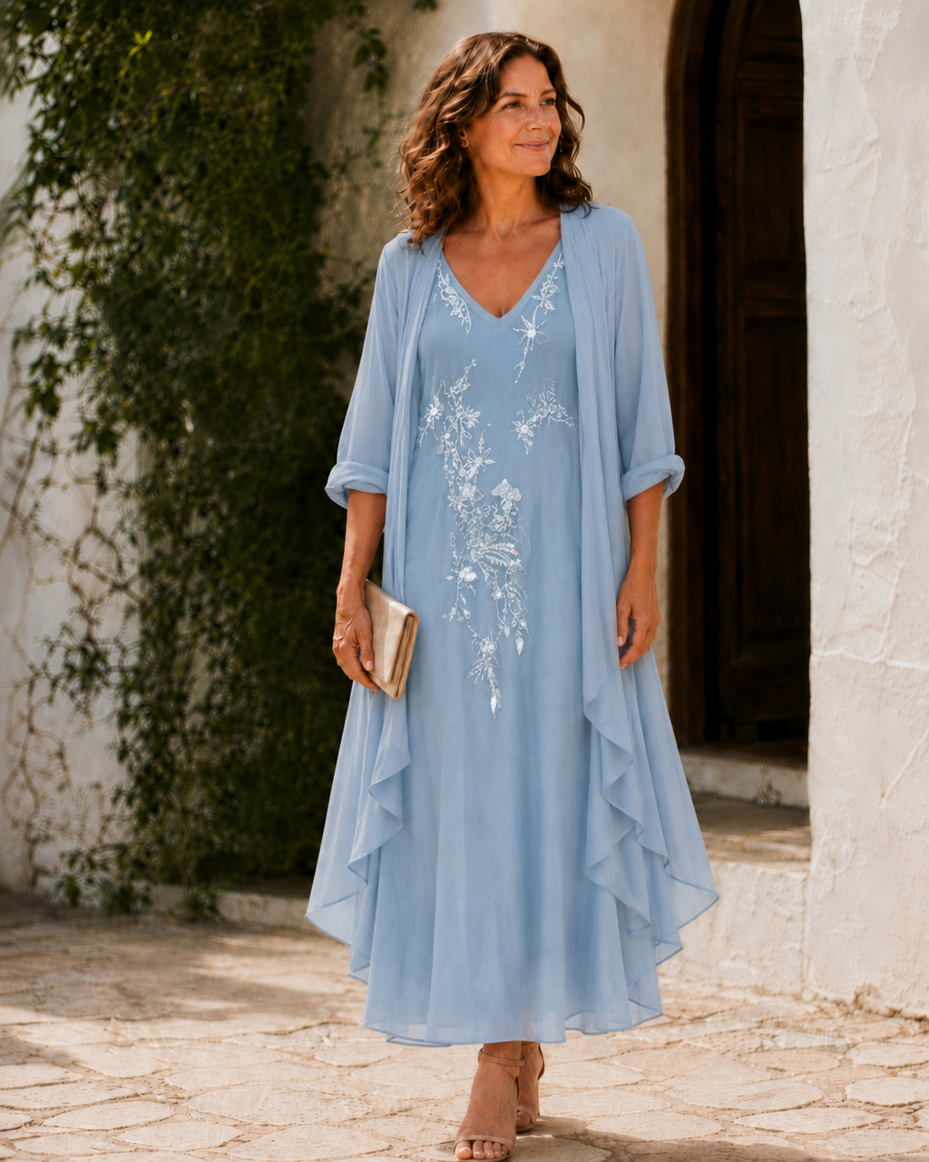 Damen Kleidset Lena – Blütenbesticktes Kleid mit Duster