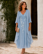 Damen Kleidset Lena – Blütenbesticktes Kleid mit Duster