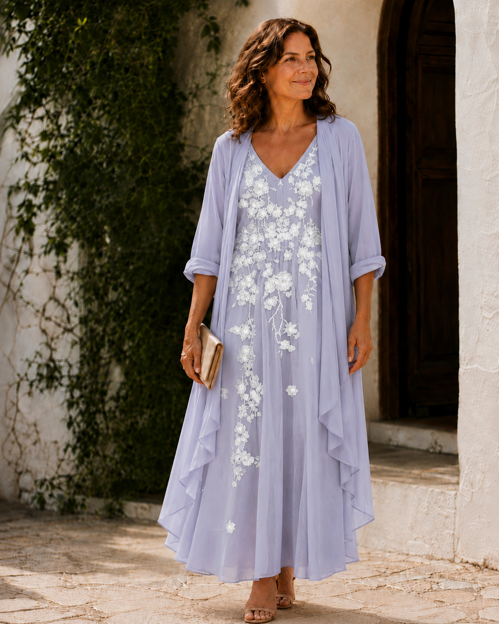 Damen Kleidset Lena – Blütenbesticktes Kleid mit Duster
