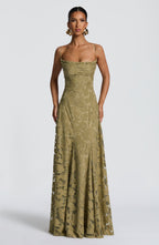 Damen Abendkleid Emma – Florales Muster, Spaghettiträger, Schnürung am Rücken