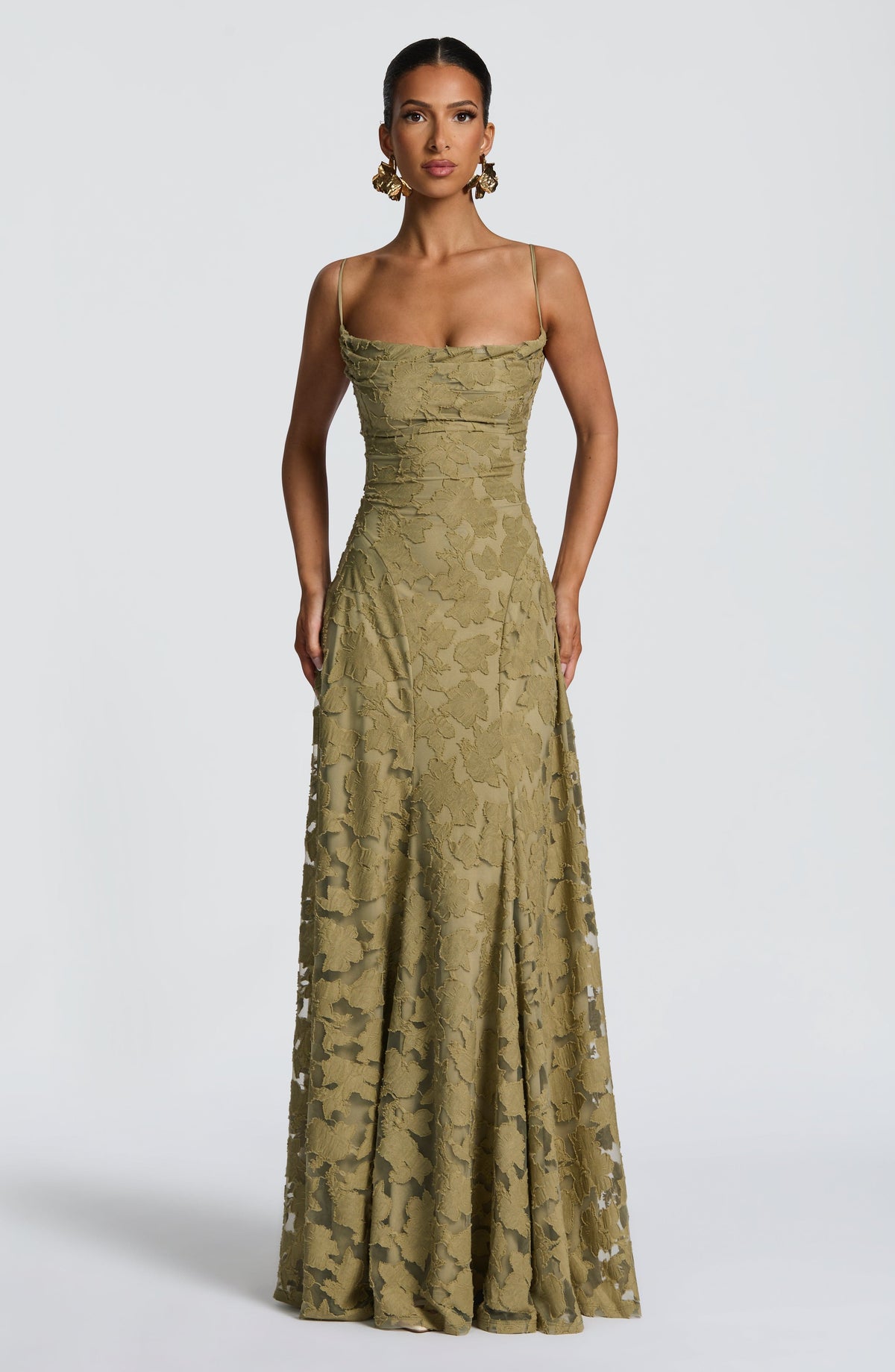 Damen Abendkleid Emma – Florales Muster, Spaghettiträger, Schnürung am Rücken