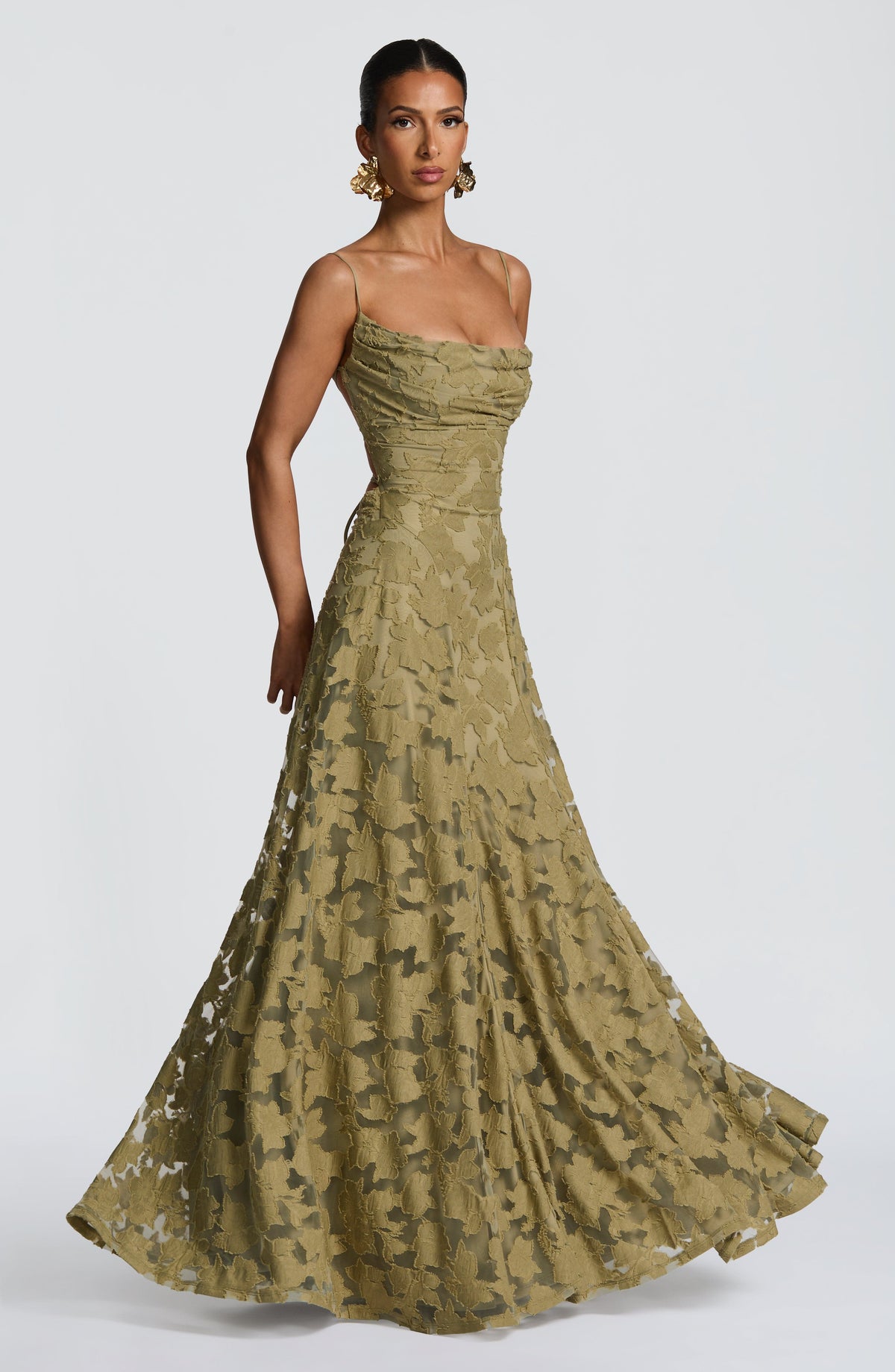 Damen Abendkleid Emma – Florales Muster, Spaghettiträger, Schnürung am Rücken