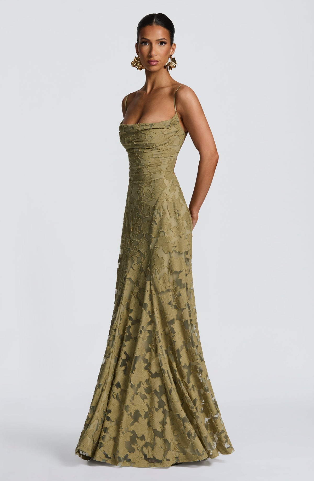 Damen Abendkleid Emma – Florales Muster, Spaghettiträger, Schnürung am Rücken