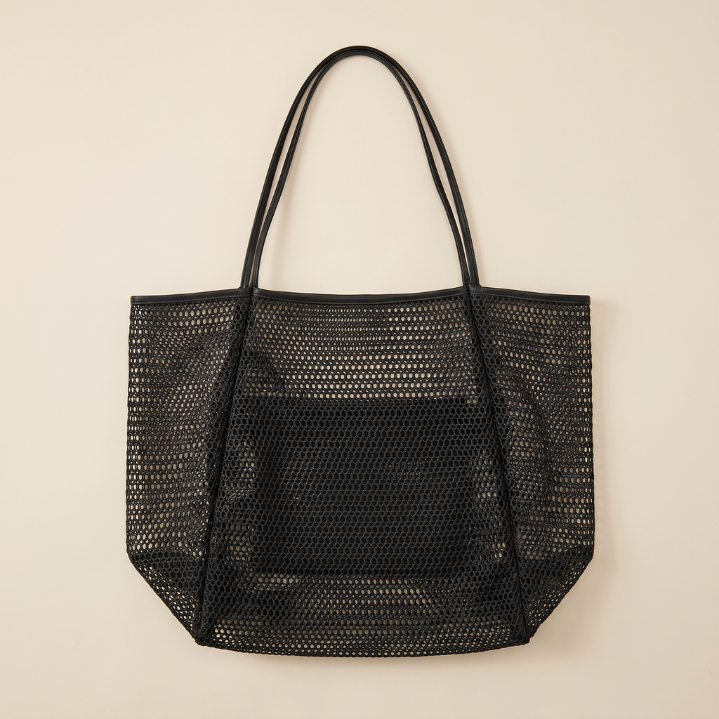 Damen Strandtasche Raffia Groß – Beige Mesh, leicht & praktisch