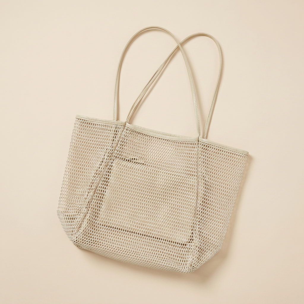 Damen Strandtasche Raffia Groß – Beige Mesh, leicht & praktisch