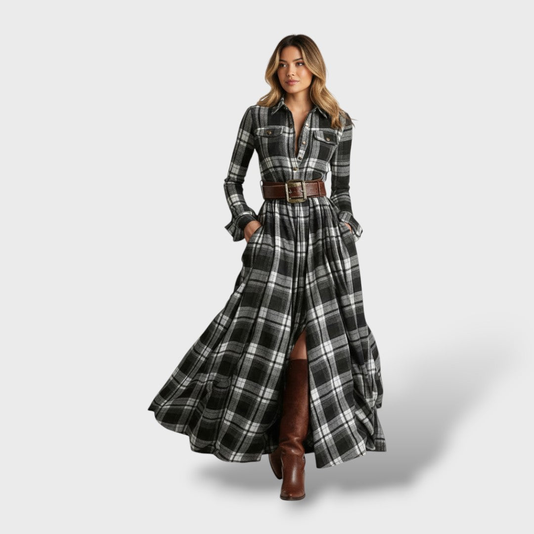 Damen Hemdblusenkleid Nina – Kariertmuster, langarm locker