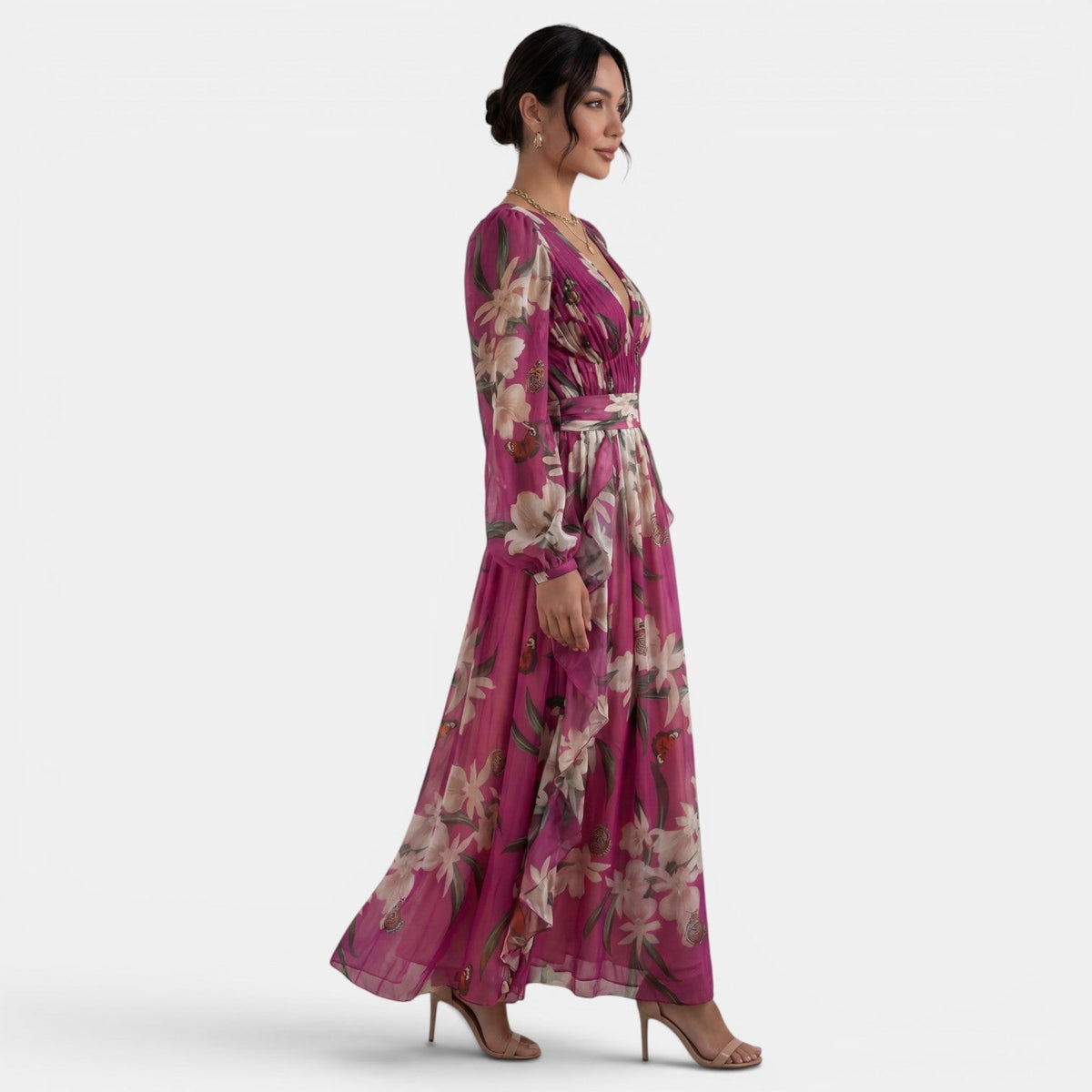 Damen Maxi Kleid Emma – Florales Muster, V-Ausschnitt, Fließend