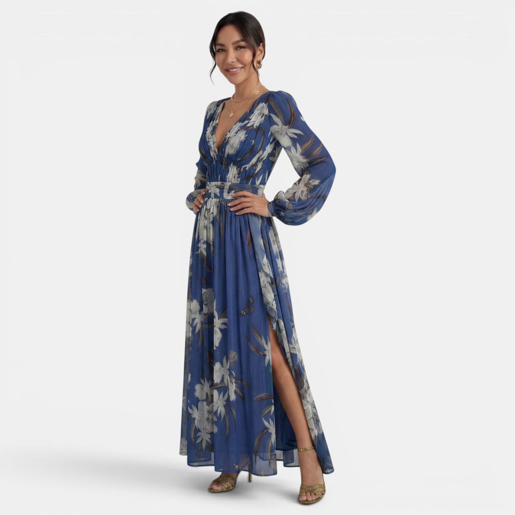 Damen Maxi Kleid Emma – Florales Muster, V-Ausschnitt, Fließend