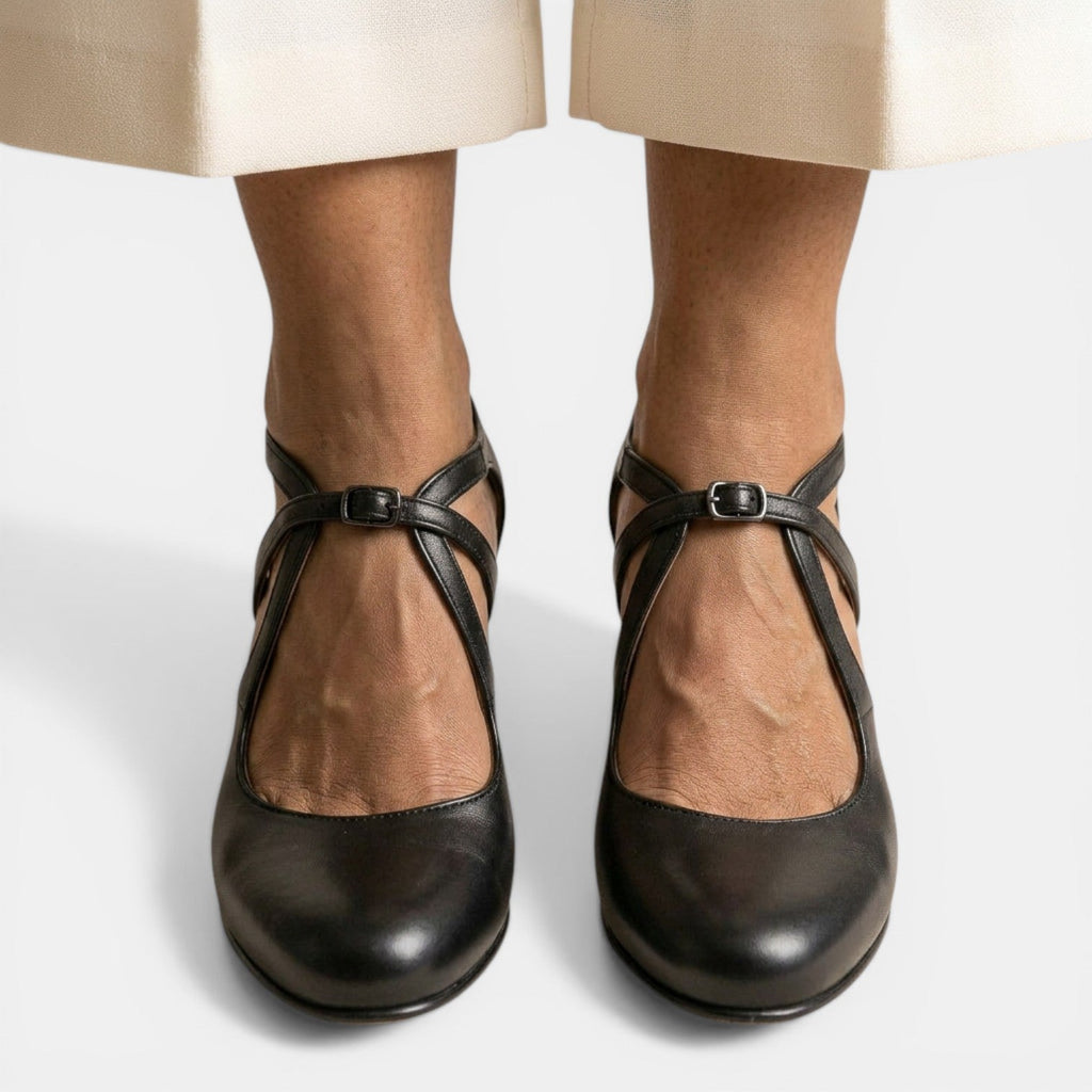 Damen T-Strap Sandale Emma – Leder mit breitem Absatz
