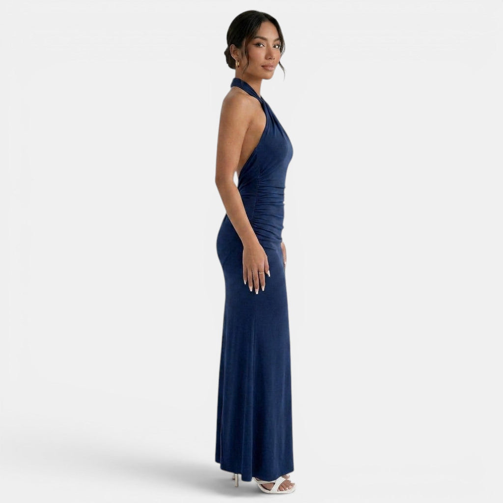 Damen Abendkleid lang Greta – Halter-Ausschnitt, offener Rücken