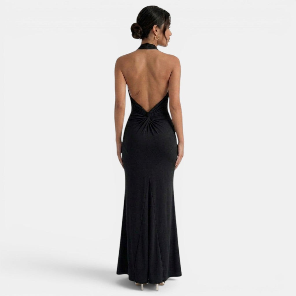 Damen Abendkleid lang Greta – Halter-Ausschnitt, offener Rücken
