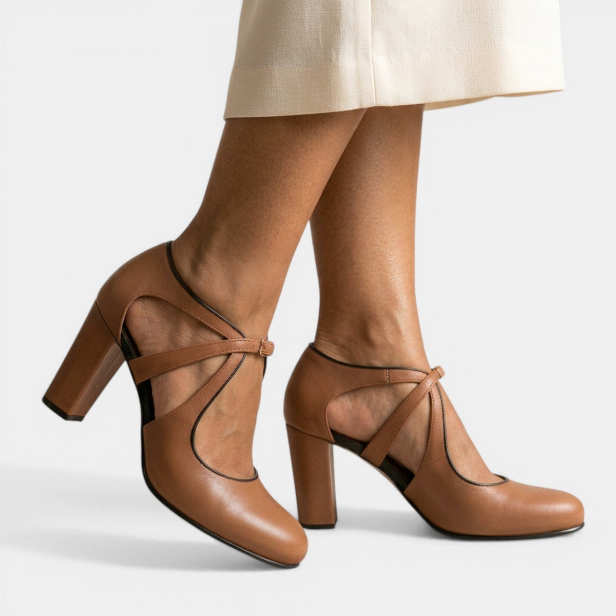 Damen T-Strap Sandale Emma – Leder mit breitem Absatz