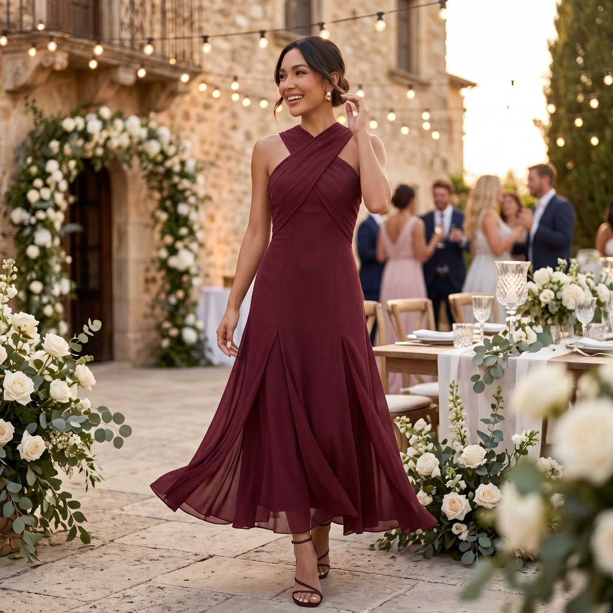Damen Langkleid Emma – Gaze mit Schleife, Slim Fit