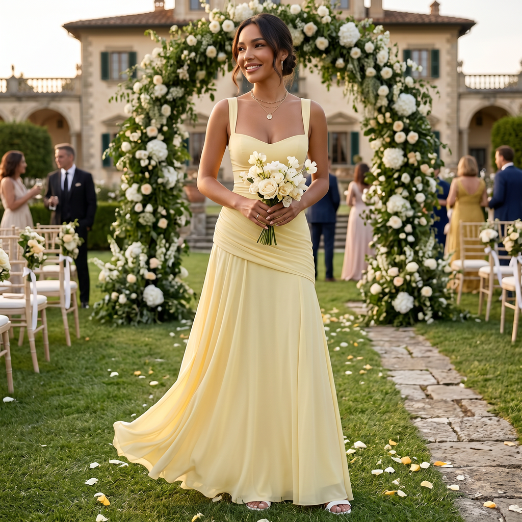 Damen Abendkleid lang Emma – Eleganter Etuischnitt in Gelb