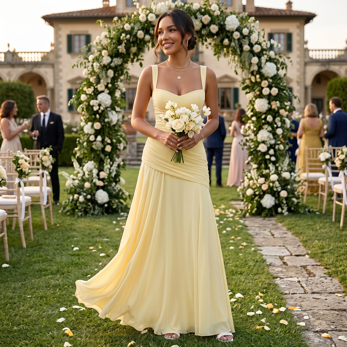 Damen Abendkleid lang Emma – Eleganter Etuischnitt in Gelb