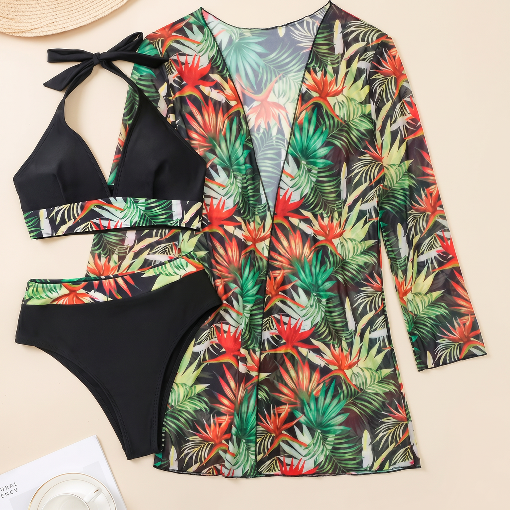 Damen Bikini 3-teilig Emma – Tropischer Print, Neckholder