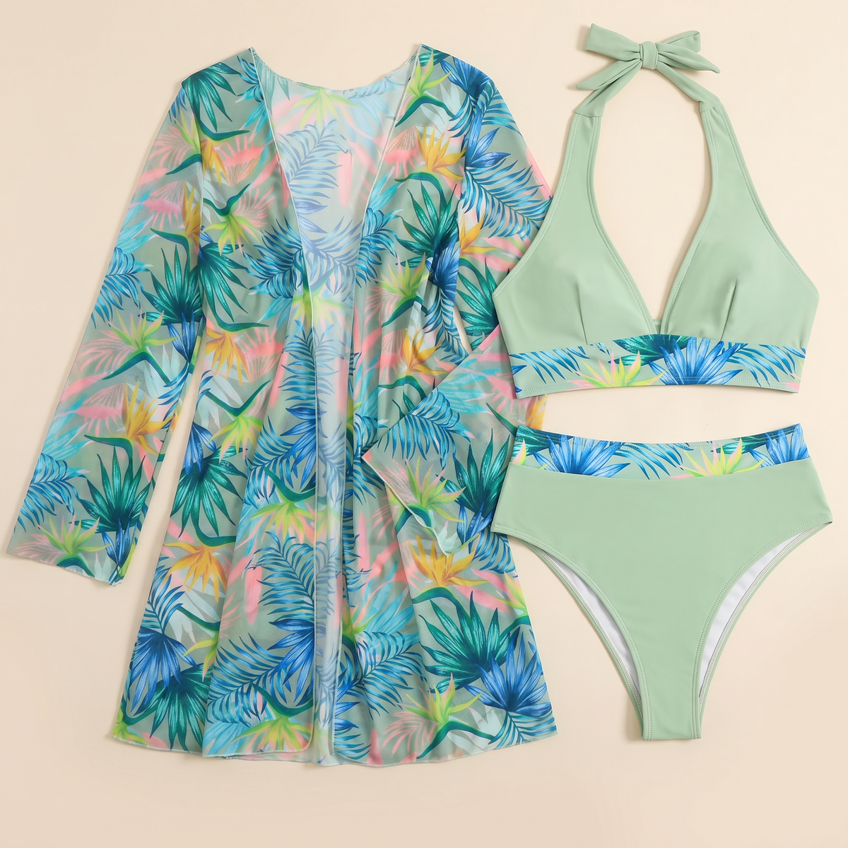 Damen Bikini 3-teilig Emma – Tropischer Print, Neckholder