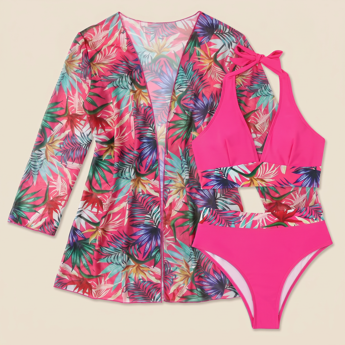 Damen Bikini 3-teilig Emma – Tropischer Print, Neckholder