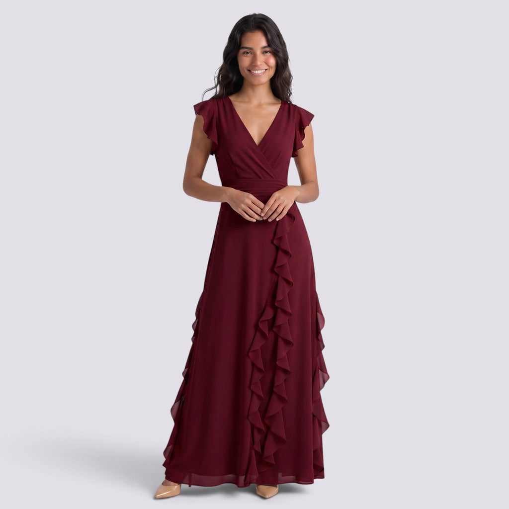 Damen Abendkleid Sophia – Plissee, Schlitz, V-Ausschnitt lang