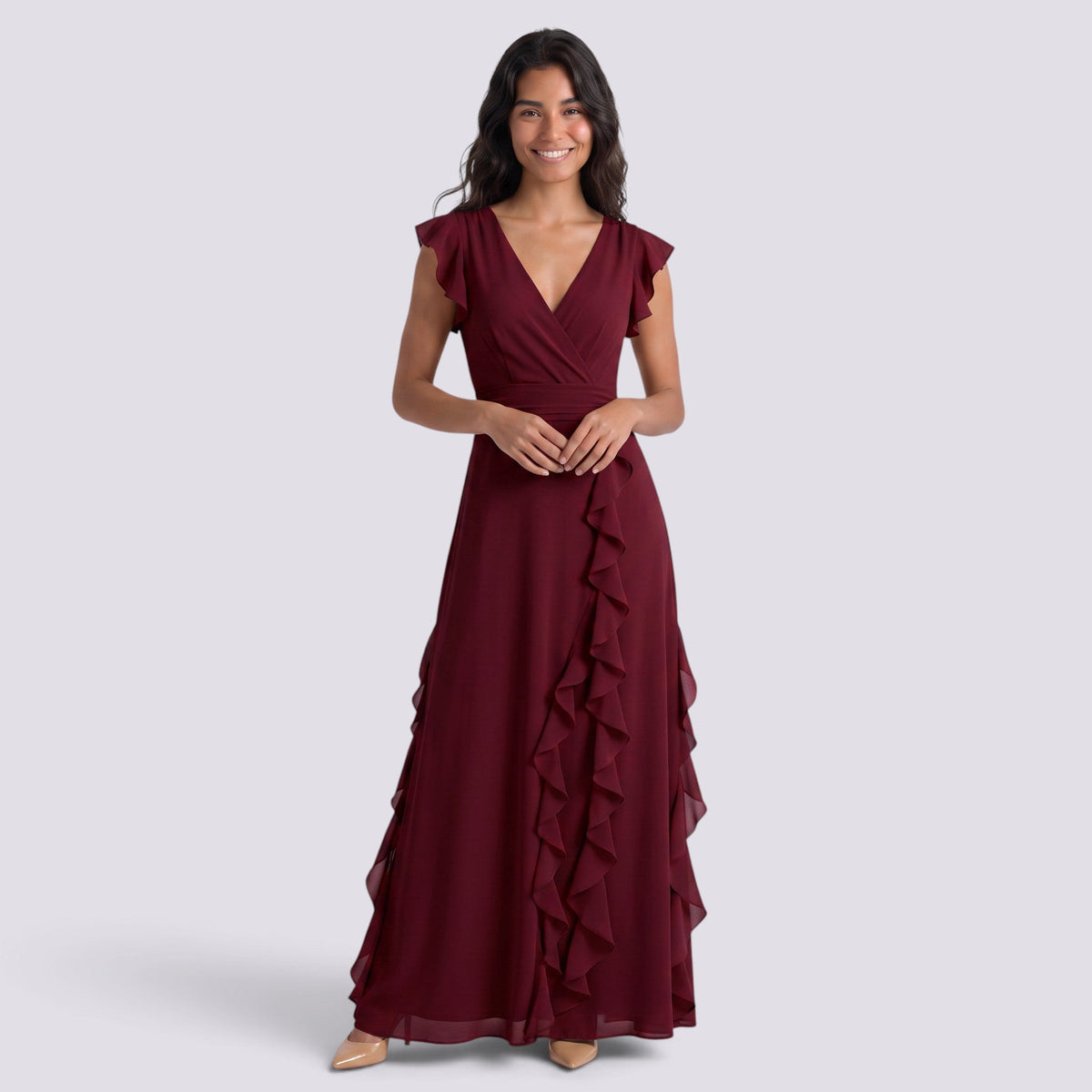 Damen Abendkleid Sophia – Plissee, Schlitz, V-Ausschnitt lang