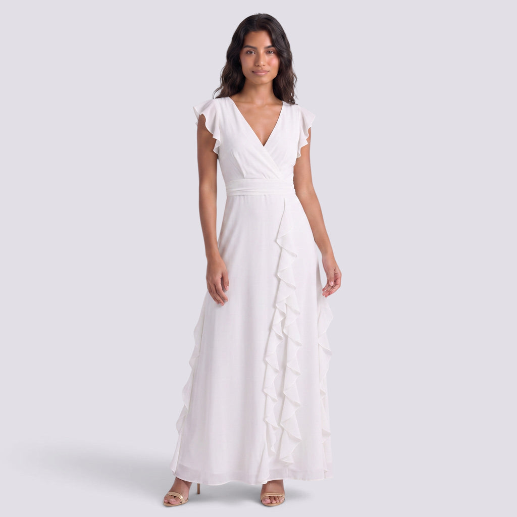 Damen Abendkleid Sophia – Plissee, Schlitz, V-Ausschnitt lang
