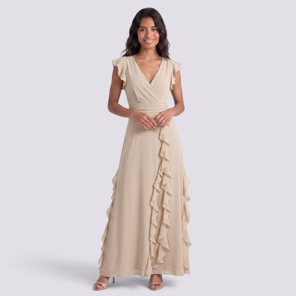 Damen Abendkleid Sophia – Plissee, Schlitz, V-Ausschnitt lang