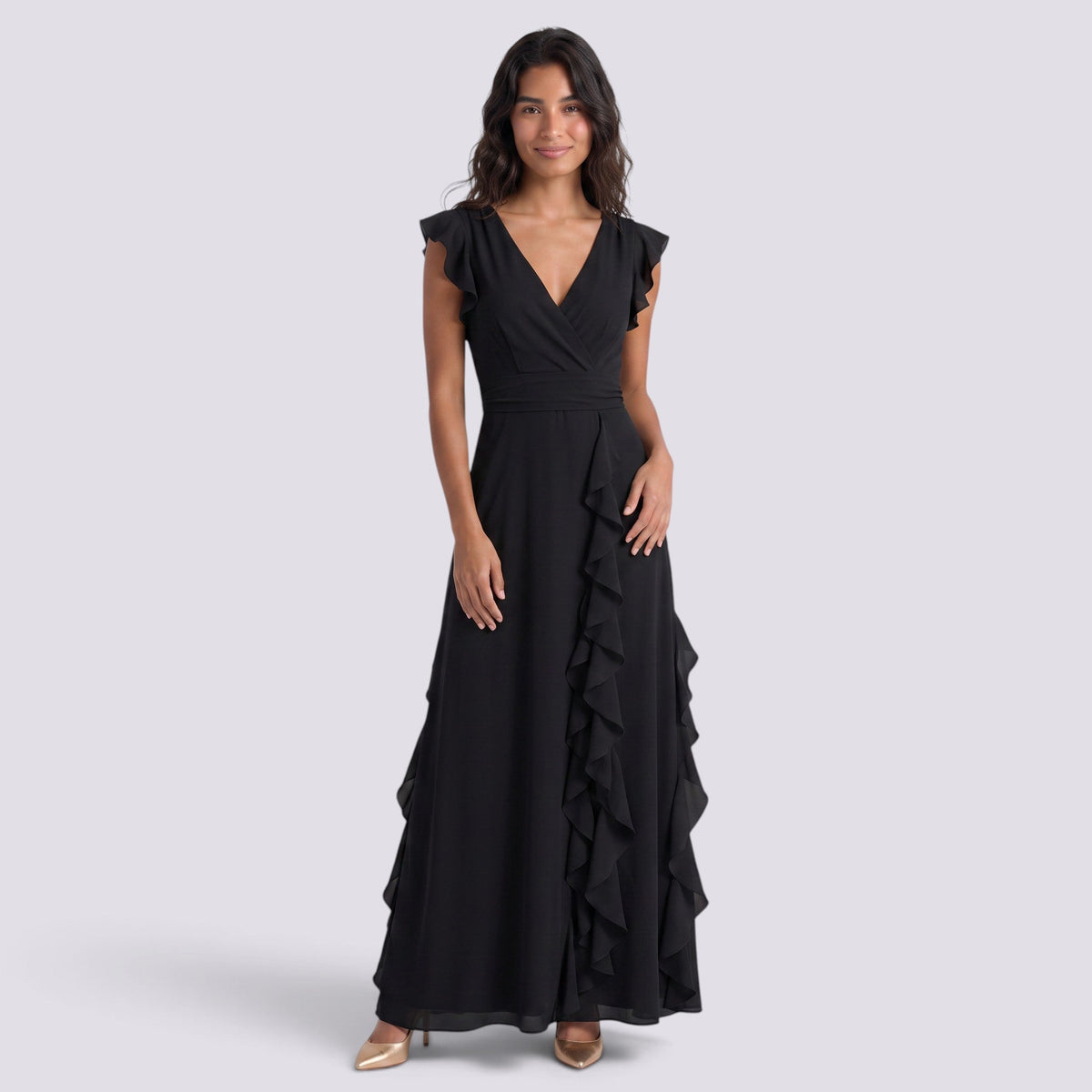 Damen Abendkleid Sophia – Plissee, Schlitz, V-Ausschnitt lang