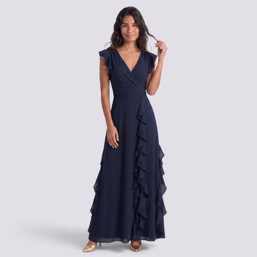 Damen Abendkleid Sophia – Plissee, Schlitz, V-Ausschnitt lang