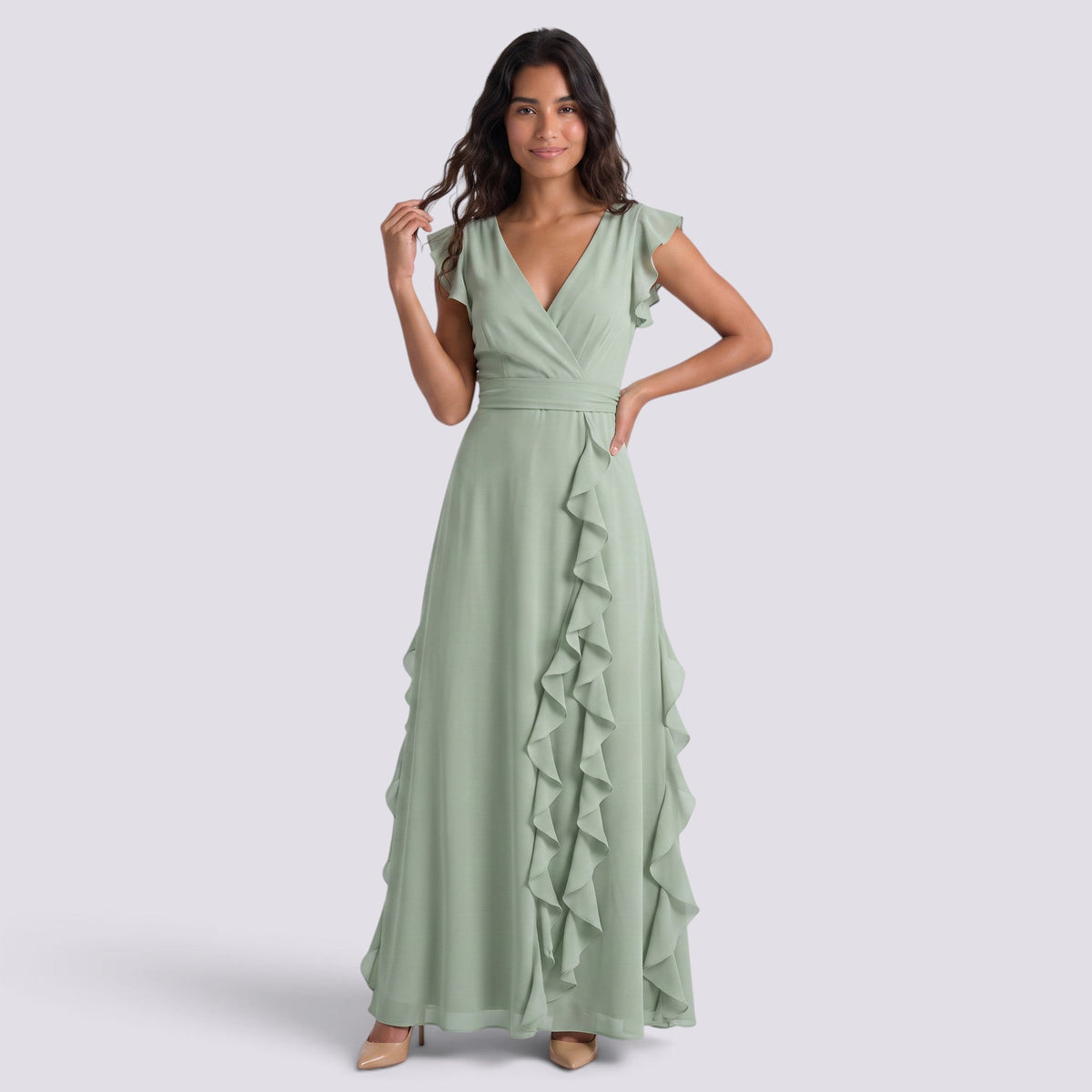 Damen Abendkleid Sophia – Plissee, Schlitz, V-Ausschnitt lang