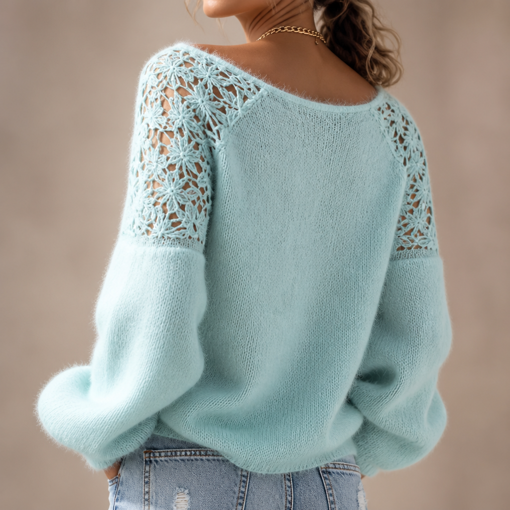 Damen Strickpullover Emma – Spitzendetail, schulterfreier Ausschnitt