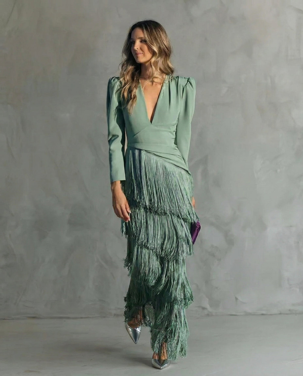 Damen Midikleid Emma – Fließend mit Fransen-Langärmeln