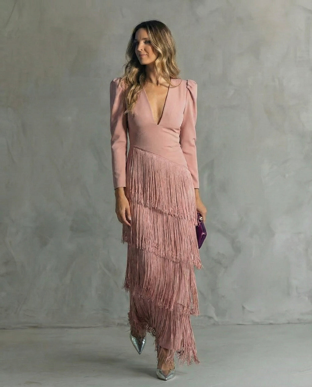 Damen Midikleid Emma – Fließend mit Fransen-Langärmeln