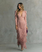 Damen Midikleid Emma – Fließend mit Fransen-Langärmeln